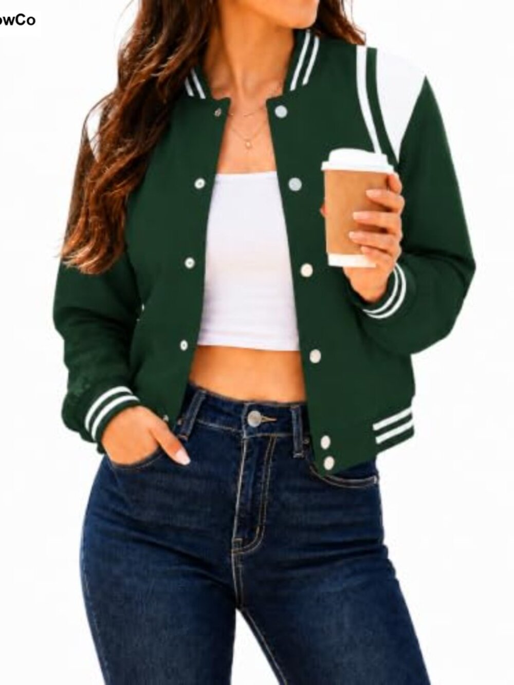 Women's Cropped Varsity Bomber Jacket with Pockets, Button Down, Polyester